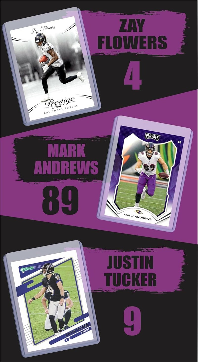 Chaser Baltimore Ravens Cards: Lamar Jackson, Derrick Henry, Zay Flowers, Mark Andrews, Justin Tucker, Rashod Bateman, DeAndre Hopkins, Joe Flacco ASSORTED Football Stars & GOATs Trading Card & Wristbands Gift Pack - Image 3
